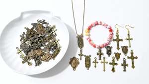 50pcs Rosary Cross and Center Miraculous Medal Charms Tibetan Jesus Crucifix Pendants Virgin Mary Oval Chandelier Links for DIY Rosary Necklace Jewelry Making 10 Styles