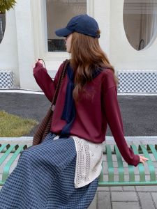 Ankela Red Korean Style Patchwork Shoulder Decorative Sweatshirt Womens New Artistic Style Top for Autumn 2025 Casual Wear