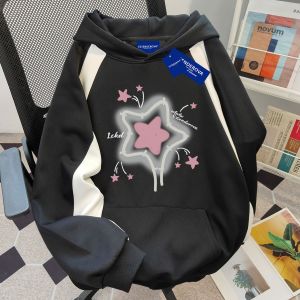 เสื้อสเวตเตอร์มีฮู้ดแบบมีฮู้ดแขนยาวสไตล์อเมริกันบางพิมพ์ลายดาวสำหรับผู้หญิงในฤดูใบไม้ร่วงและฤดูหนาว