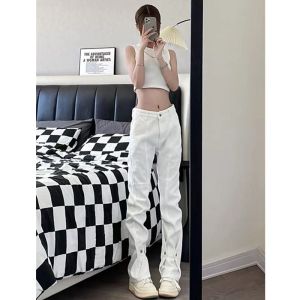 Quần Jeans Công Sở Phong Cách Hip Hop Cạp Cao Màu Trắng Cho Nữ Quần Dài Ôm Dáng Thiết Kế Đường Phố Quần Ống Thẳng Đến Sàn
