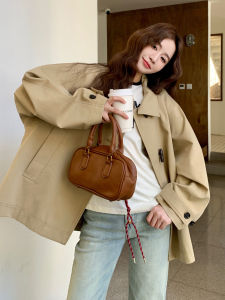 Khaki Color Simple British Style Womens Coat with Horn Buttons Loose Feel Autumn New Fashion Outerwear Commute Korean Style