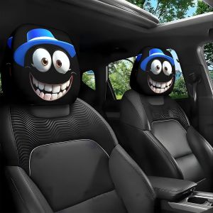 A two-piece set of exaggerated and fun car interior headrest covers for 2025 with funny face expressions and cool decorations