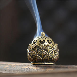 Retro Copper Small Lotus Hollow Out Incense Stick Burner Brass Incense Holder with Cover Home Decoration Sandalwood Censer