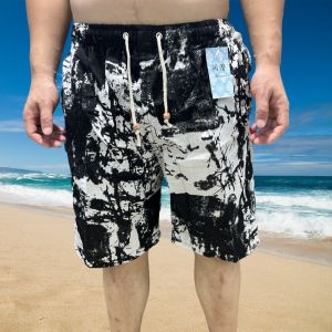 Casual Cotton Linen Beach Pants Mens Loose Waist Printed Travel Shorts Summer Breathable Straight Leg Trousers