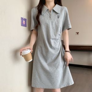 Shoulder Polo Collar Short Sleeve T-shirt Skirt Womens Summer Plus Size Plus Size Ladies Slimming Belly-Covering Fancy Casual Dress