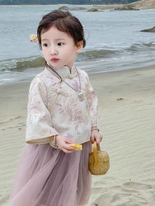 New Summer Childrens Hanfu Set Girls Fashionable Traditional Chinese Style Cheongsam Outfit Cute Ethnic Clothing Kids Ensemble