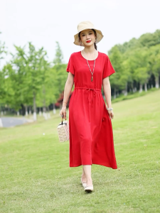 Viscose High Waist Lightweight Slim Fit Solid Crew Neck Flared Midi Dress Women Summer New 连衣裙 Long Dress Women