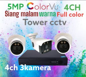 PAKET CCTV 5MP COLORVU 4CHANNEL 3 KAMERA FULL COLOR WARNA SIANG MALAM