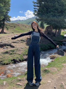 สูง เอว น้ําเงิน เดนิม ชุดเอี๊ยม ผู้หญิง ขาตรง ขากว้าง สายคล้อง กางเกงหลวม ลำลอง ยาว กางเกงขายาว ทันสมัย ฤดูใบไม้ร่วง สวมใส่