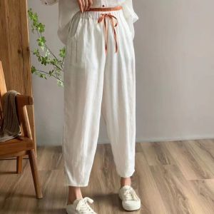 High Waist Slimming Casual Pants Womens Linen Cotton Blend Loose Nine-Foot Harlan Pants Summer 2025 Commute Style