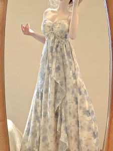 French Floral Print Halter Dress Womens Summer Small Size Elegant Waist Cinched Beach Vacation Fairy Long Dress A-Line Skirt