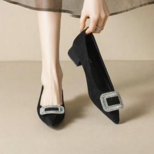 MIFEI | Buckle Square Rhinestone Thick Heel Pointed Toe Shallow Pumps Women Large Size Shoes