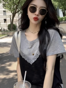 chaqi | Elegant Grey Two-Piece Look T-Shirt Unique Stylish Summer Top Moisture Wicking Round Neck Short Sleeve Tea Aroma Fashionable