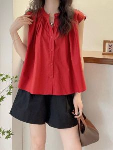 เสื้อเชิ้ตแขนพองผู้หญิงสไตล์เกาหลีหวานๆ ฤดูร้อนปี 2025 ทรงหลวม สไตล์เกาหลี เสื้อเชิ้ตแขนสั้นคอโปโล