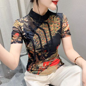 Yimei thiết kế phong cách trung quốc mới với cảm giác cổ đứng áo thun tay in họa tiết ngắn áo sơ mi mặc trong Nữ Áo nút lên phong cách Châu Âu hợp thời trang và chắc chắn