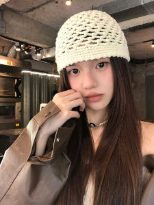 Korean Style Knitted Hat Womens Spring Autumn Winter Warm Fleece Lined Hooked Handmade Hollow out Pattern Face Slimming Cap