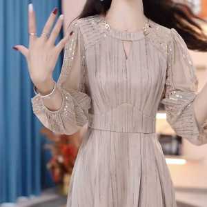 Elegant French Style Long Sleeve Womens Dress Slimming Waist Design Ladylike Commute A-Line Skirt Polyester Fiber