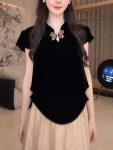 QINGNAER | Oversized Chinese Style Black Stand-collar Handmade Butterfly Button Waist-cinching Blouse