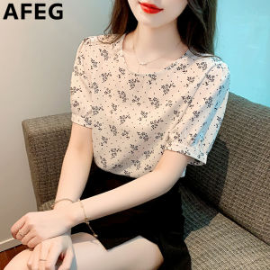 AFEG Korean version crew neck fashion simple loose floral chiffon short sleeve blouse for women