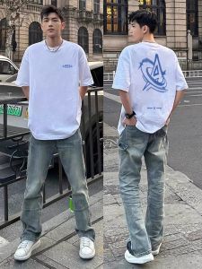 เสื้อยืดแขนสั้นผู้ชายสไตล์อเมริกัน ทรงหลวม คอกลม พิมพ์ลายตัวอักษร ผ้าฝ้ายผสมยืดหยุ่น สไตล์ฤดูร้อน แฟชั่นเสื้อผ้า