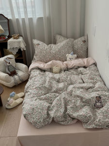 Korean Style Pink Floral Washed Cotton Double Layered Embroidered Bear Bedding Set for Students Three Piece Cotton Sheet Set