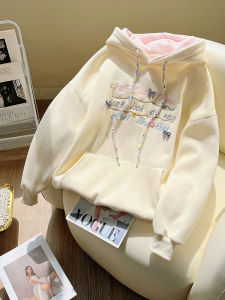 Korean College Style Rainbow Hood Rope Fleece Lined Loose Womens Sweatshirt Autumn Winter Sweet Outerwear Jacket