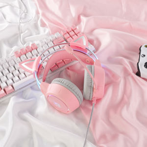 ONIKUMA Gaming Headphones Pink Removable Cat Ears Wired Headset Gamer with RGB Light Noise Cancel Mic Stereo Earphone for PC PS4