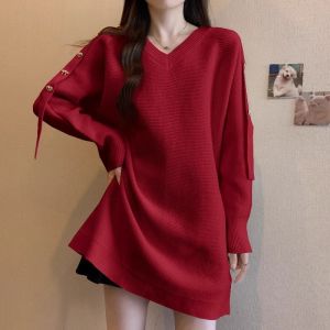 WANGGONGZHU | Womens V-neck Knitted Sweater Red Oversize Long Sleeve Crew Neck Pullover Autumn Winter Fashion Casual Loose Fit Bottoming Shirt