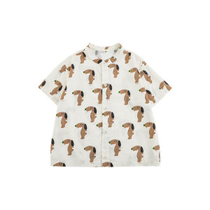 Loose Fit Cartoon Dog Short Sleeve Shirt for Boys Breathable Casual Cotton Blend Childrens Top Summer Wear Comfortable Shirt