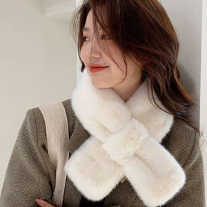 ผ้าพันคอกำมะหยี่สำหรับผู้หญิงคอเสื้อแข็งแน่นสไตล์เกาหลีสี2024น่ารักเลียนแบบกระต่ายผ้าพันคอหนา