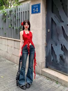 chaqi | Áo ba lỗ cổ treo màu đỏ gợi cảm phong cách Mỹ cổ điển dành cho nữ không đều thường ngày mùa hè 2025 áo khoác ngoài không có đệm ngực