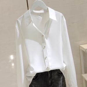 Elegant French V-Neck Drapey White Satin Long Sleeve Shirt