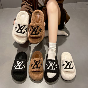 Dép Lười Lông Cừu Đế Dày Thời Trang Cao Cấp Cho Nữ Mùa Thu Đông Thường Ngày Đế PU Màu Trơn Dép Lười Cotton