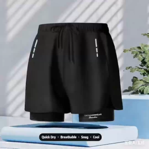 Double-layer mens running sports fitness anti-embarrassment loose beach pants swimming pants