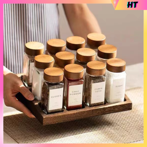 Eco-Friendly Bamboo Lid Spice Jar Set Food Grade Glass Containers with Clear Lids for Kitchen Storage