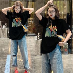 Pure Cotton Short Sleeve T-Shirt Womens plus Size Loose Mid-Length Half Sleeve Printed Trendy Summer Top Commute Style