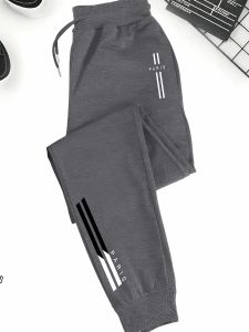Autumn Mens Gym Training Joggers Loose Casual Elastic Drawstring Waist Polyester Slight Stretch Printed Pants With Side Pockets
