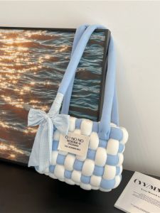 Handcrafted DIY Weaving Handbag Material Kit Icelandic Thread Gift for Girlfriend Trendy Checkered Board Bag Soft Cotton Shoulder Bag