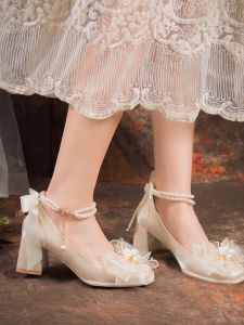 รองเท้าส้นสูงผู้หญิง รองเท้าแต่งงาน รองเท้าแมรี่เจน หัวเหลี่ยม สายรัด รองเท้าส้นหนา รองเท้าแมรี่เจน รองเท้าส้นสูงแบบสวมสบาย