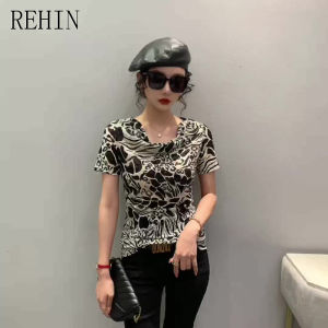 REHIN Womens top New slim-fit and stylish short-sleeved V-neck T-shirt printed for the summer European stytle slim fit S-3XL elegant shirts