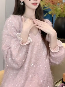 Winter New plus Size Womens Knitted Top Shiny Thread Heavy Work Loose Long Sleeve V-Neck Light National Style Pink