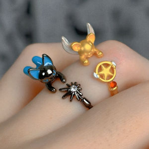 Adorable Little Black Cat Ring Anime Surrounding Sweet Versatile Sakura Magic Card Girl Ring Alloy Embedded Artificial Gem Mens Jewelry