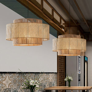 [Free Bulbs] Bamboo Chandelier Retro Japanese Style Unique Creative Restaurant Rattan Pendant Light Woven Indoor Pastoral Light
