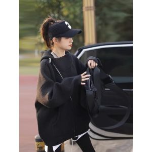 New Autumn Fashion Elegant Warm Black Hooded Zip Jacket Women