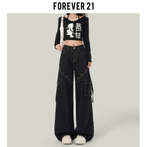 Forever 21 Retro Black Rivet Wide Leg Denim Jeans Womens 2025 American Pear Shape Straight Cut Pants High Waist Zipper Closure
