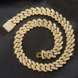 Hip Hop Shiny 14MM Cuban Link Chain Necklace Women Men Silver Color Rhinestone Iced Out Cuban Chain Punk Jewelry Necklace Gift