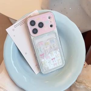 Korean Colorful Bowknot Card Holder Phone Case For iPhone 17 Air 16 15 14 13 12 11 Pro Max XS XR X Clear Shockproof Soft Cover