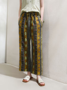 Miccbeirn | Pure Hanflax Retro Print Casual Wide Leg Pants Elastic Waist Slimming Straight Cut Breathable Cool Feeling Nine Point Trousers