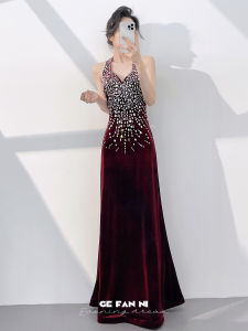 Red Halter Velvet Mermaid Evening Dress for Women