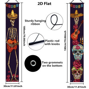 Dia De Los Muertos Porch Banner Set Mexican Skeleton Guitar Door Sign Day of the Dead Halloween Front Yard Decor Supplies